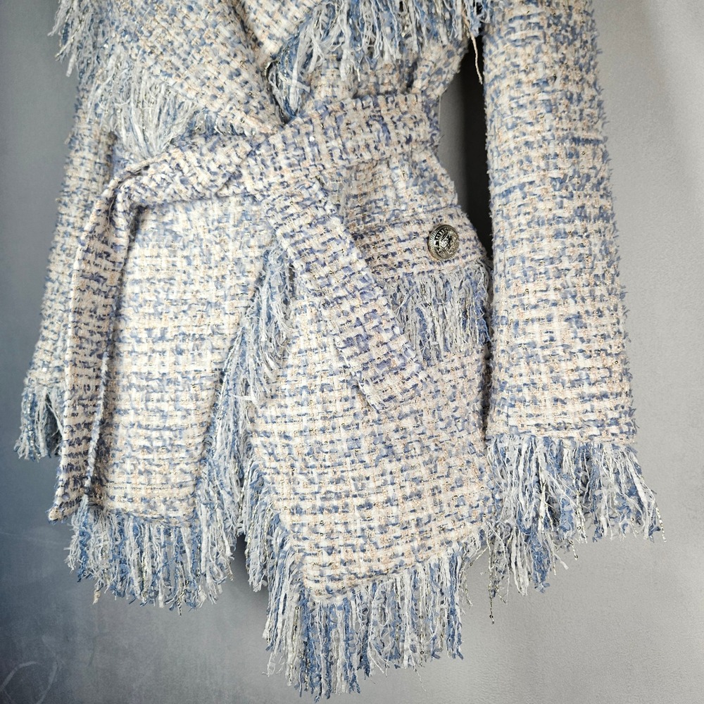 Balmain Tweed Jacket Womens M Blue Fringed Sequin Glam Designer Belt Luxury Boho - Picture 13 of 16